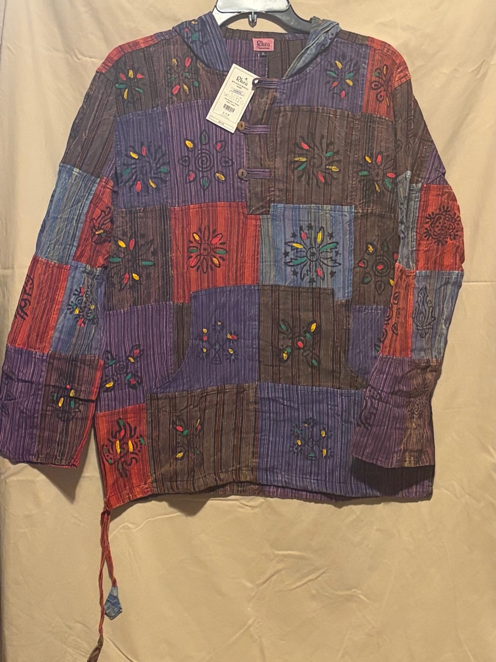 Source Unknown Patchwork Hooded Utility Jacket in Red, Purple, Blue, Brown